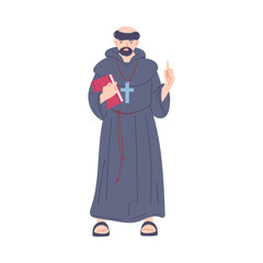 Vector isolated illustration of medieval priest with bible and cross, concept of Middle ages