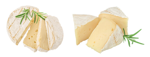 Camembert cheese with rosemary isolated on white background with full depth of field. Top view....