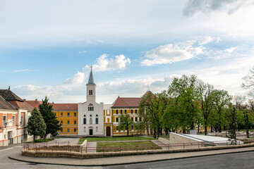 Fototapeta na wymiar View at Our Lady Church of the Female Order of Notre Dame in Pecs, Hungary, in early spring