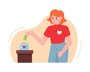 Young beautiful volunteer in red T-shirt with heart holding money and donating it in box. Donations from community support concept. Woman helping other people. Vector illustration