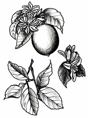 Set of graphics drawings of lemon with leaves and flowers. JPEG hand drawn botanical illustration of lemons for stickers, patterns, wallpaper, 
wrapping paper, postcards.