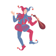 Funny jester with mandolin music instrument, cartoon flat vector illustration isolated on white background.