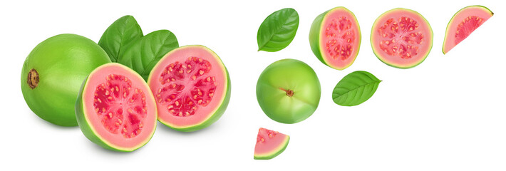 Guava fruit with slices isolated on white background with full depth of field. Top view. Flat lay