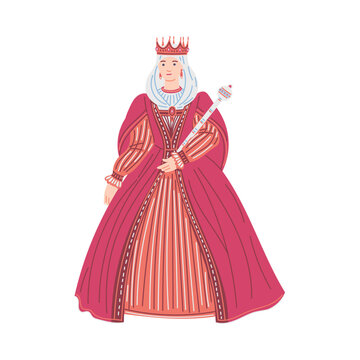 Medieval queen in big dress, cartoon flat vector illustration isolated on white background.