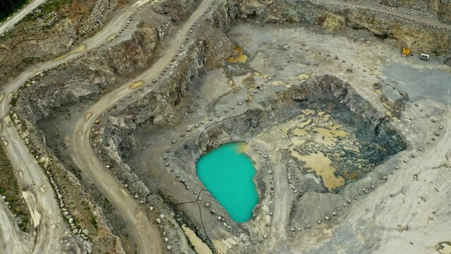 Emerald Green Lake In Flooded Open Pit Mine - aerial top