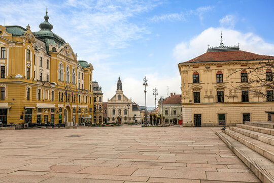 View at the main square in Pecs city, Hungary, in early spring
