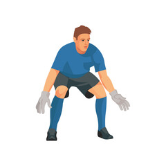 Figure of a football goalkeeper in a blue t-shirt standing in front of the goal with legs bent waiting for the ball