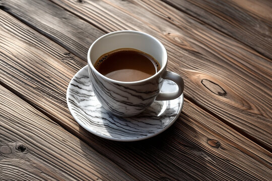 A cup of coffee on a wooden table - Generative AI