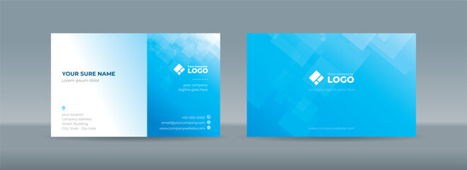 Set of double sided business card templates with abstract random transparent white rectangle on white and cyan background