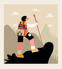 Young tourist with backpack climbed mountain and looks ahead, take rest. Cartoon character went hiking in mountains. Travel concept. Flat vector illustration in warm color