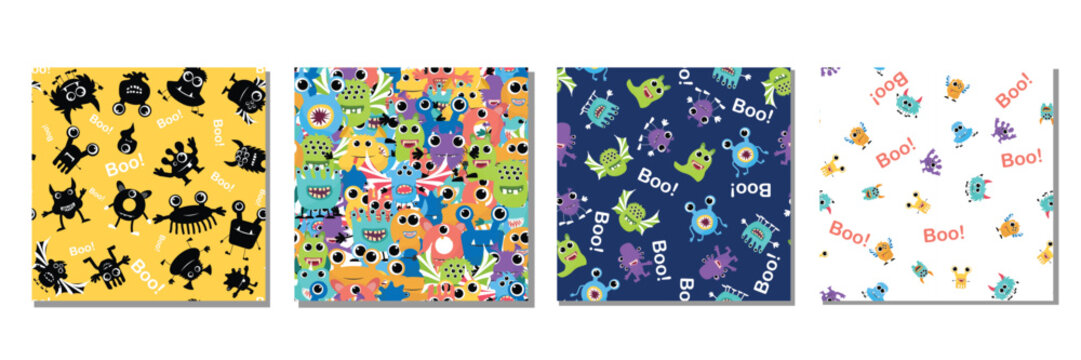 Collection of monsters, seamless pattern. Vector illustration for fabric, cover, package, wrapping paper, textile, for kids.