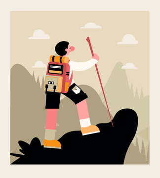 Young tourist with backpack climbed mountain and looks ahead, take rest. Cartoon character went hiking in mountains. Travel concept. Flat vector illustration in warm color