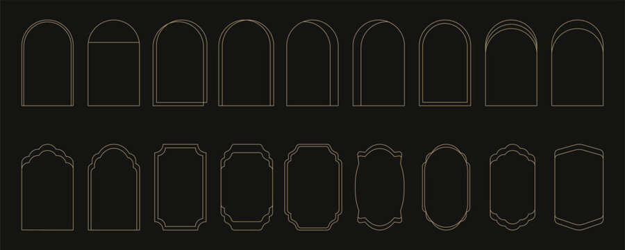 Set of minimalistic linear arch frames in trendy modern minimalist Y2k aesthetic style. Abstract vector design outline elements - arc, geometric form for banner, social media, poster.