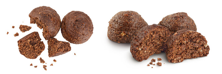 chocolate cookie with kerob, banana, cashew, sunflower seeds isolated on white background. Healthy food, gluten-free, flour-free. Top view. Flat lay.