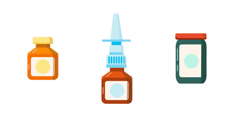 Colored icons are medicine for medicine. Illustration of nasal drops, medicine bottles and vitamin chemicals