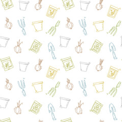 cute seamless pattern of garden tools and plants