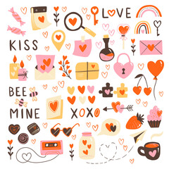 Love post office. Many various romantic objects. Saint Valentine's day big vector set. Colored retro trendy illustration. Flat design. All elements are isolated