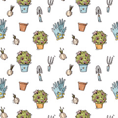 cute seamless pattern of garden tools and plants