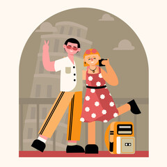 Happy young couple visiting attractions, taking pictures together. Young lady holding camera and take selfie near Leaning Tower of Pisa. Flat vector illustration in red and orange colors