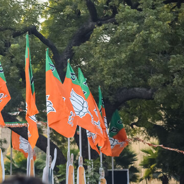 New Delhi, India - January 16 2023 - Bharatiya Janata Party Flag of Indian political party, BJP Bhartiya Janta Party Flag Waving during PM road show in Delhi, India