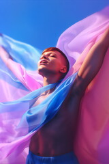 trans man holding up trans flag fabric in sunshine, made with generative ai - obrazy, fototapety, plakaty