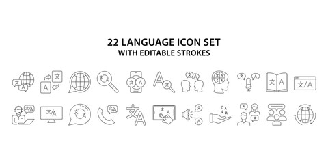 Obraz premium Language icon set. Language web icon set in line style. Set of outline linguistics icons. Minimalist thin linear web icon set. vector illustration.