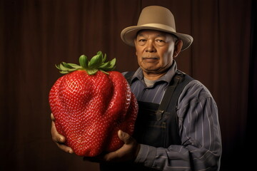 farmer proudly holding a giant strawberry, made with generative ai