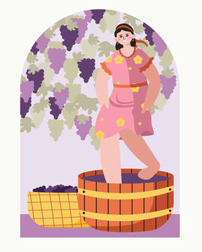 Beautiful lady in dress standing in garden with grapes and crushing berries with feet in basket. Home wine production concept. Flat vector illustration in purple and yellow colors