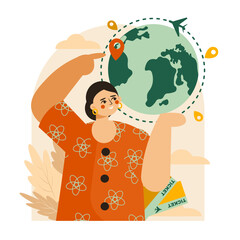 Cartoon beautiful lady with air tickets holding globe and looking for next travel. Young tourist planning trip around world concept. Flat vector illustration in orange and green colors