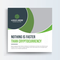 Cryptocurrency square banner template. Social banner with black, orange and blue color background. Flat design vector with photo collage. Usable for social media, story and web internet ads.