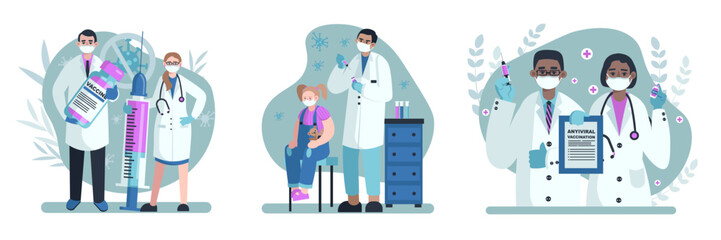 Obraz premium Set of cartoon medical workers urge people to give vaccinations. Child sitting in ward, doctor preparing to give injection with antiviral agent. Flat vector illustration in blue colors