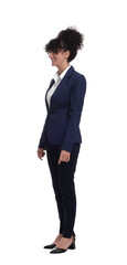 Young businesswoman in suit standing on white background
