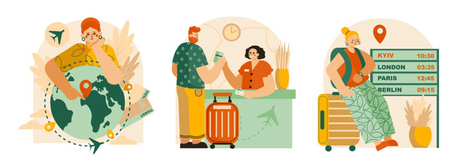Fototapeta premium Set of different passengers ready to travel. Woman looking at location on globe, male check in and receive ticket, female sitting on trolley bag and waiting for plane. Flat illustration
