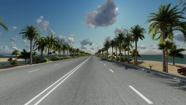View from the front window of the car, driving forward on the asphalt road along the palm beach
