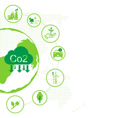 Environmental protection illustration set. renewable energy about CO2 emission concept icon working in green recycling industry. using clean energy, Climate change problem concept on white background.