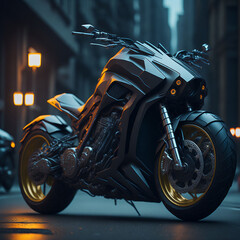 3D rendering of a custom motorcycle in the city at night.