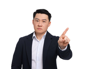 Angry businessman in suit posing on white background