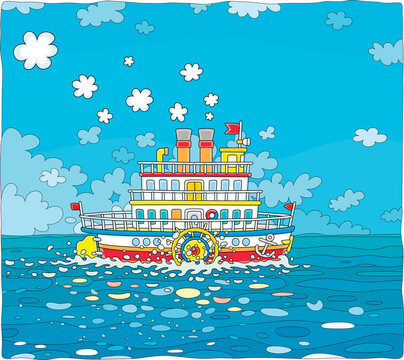 Funny retro paddle passenger steamboat with large wheels attached to its sides sailing on a sea on a beautiful summer day, vector cartoon illustration