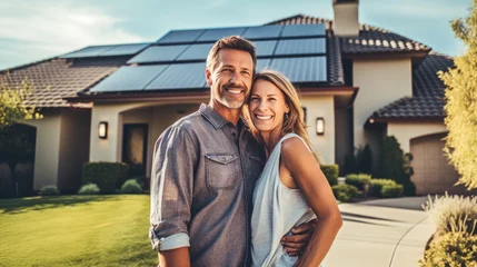Fotobehang A happy couple stands smiling in the driveway of a large house with solar panels installed.  © piai