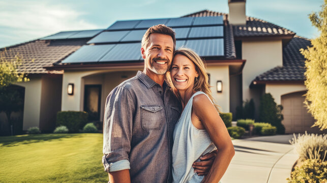 A happy couple stands smiling in the driveway of a large house with solar panels installed. 