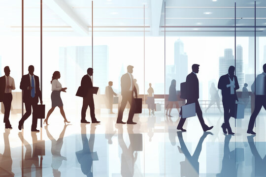 Busy modern workplace, Working process in the office business people working walking and talking blurred motion