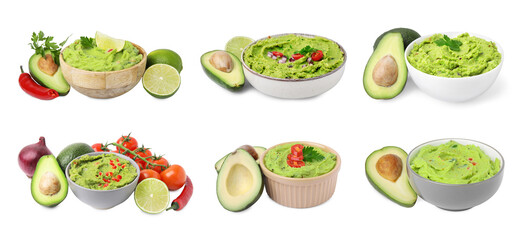 Collage of bowls with tasty guacamole on white background