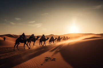 Fototapeta na wymiar Camel caravan going through the Sahara desert in Morocco at sunset