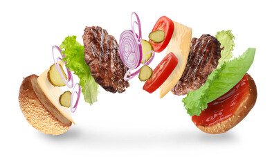 Delicious burger with different flying ingredients on white background