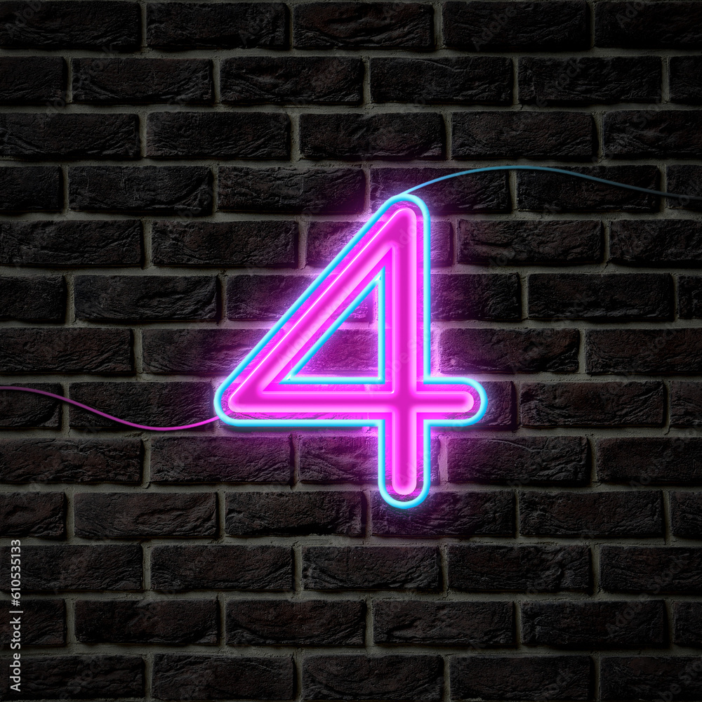 Sticker Glowing neon number 4 sign on brick wall