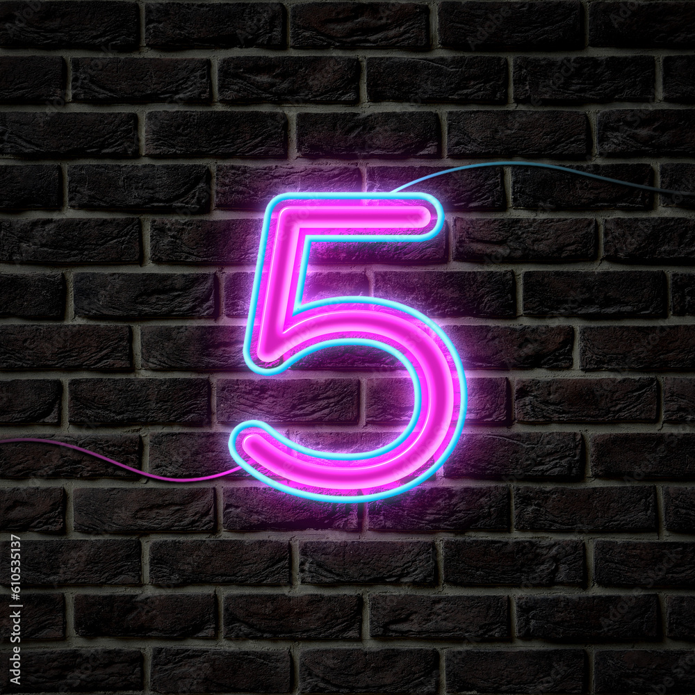 Canvas Prints Glowing neon number 5 sign on brick wall