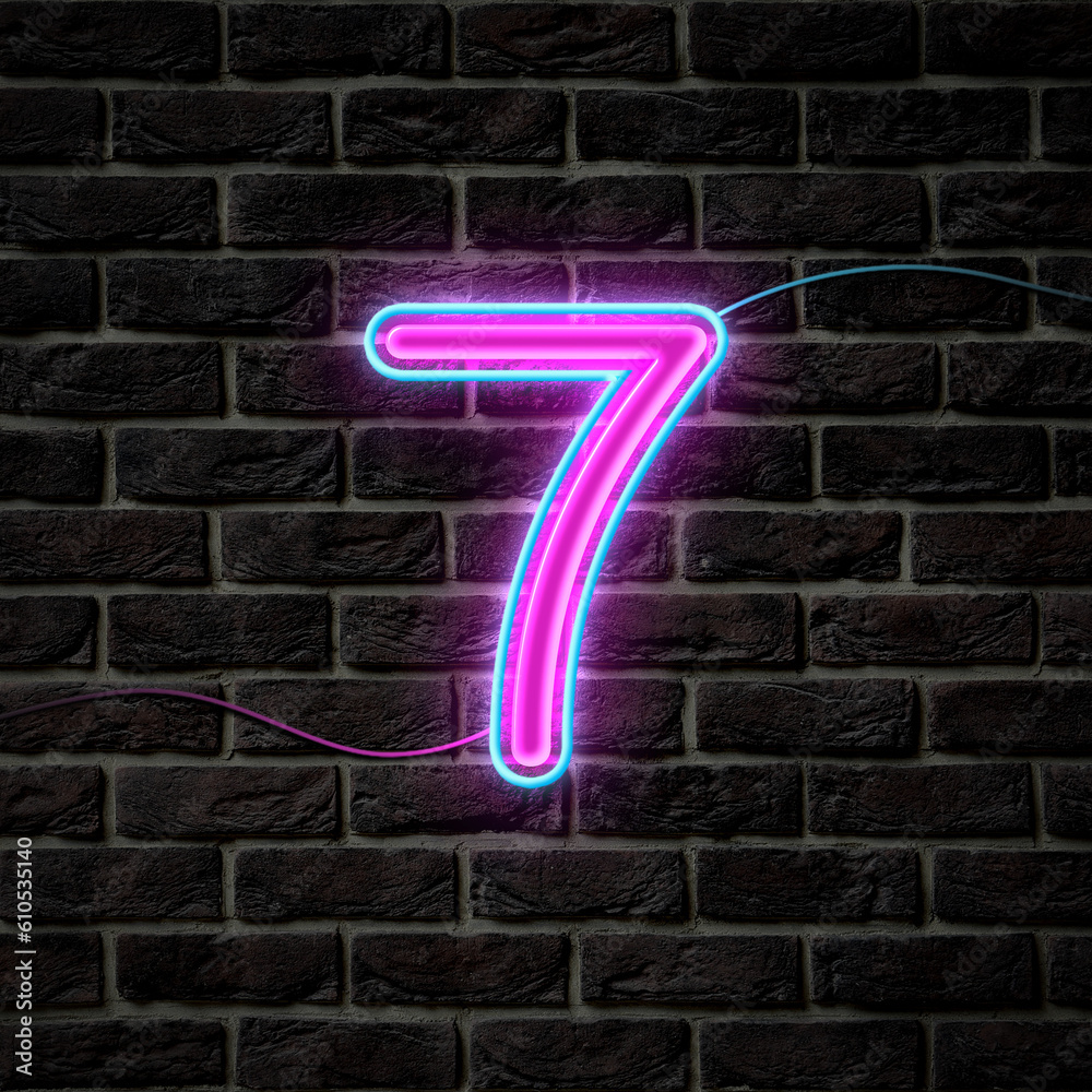 Sticker Glowing neon number 7 sign on brick wall