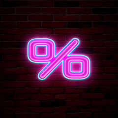 Glowing neon percent sign on brick wall