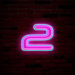 Glowing neon number 2 sign on brick wall