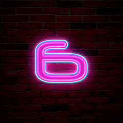Glowing neon number 6 sign on brick wall
